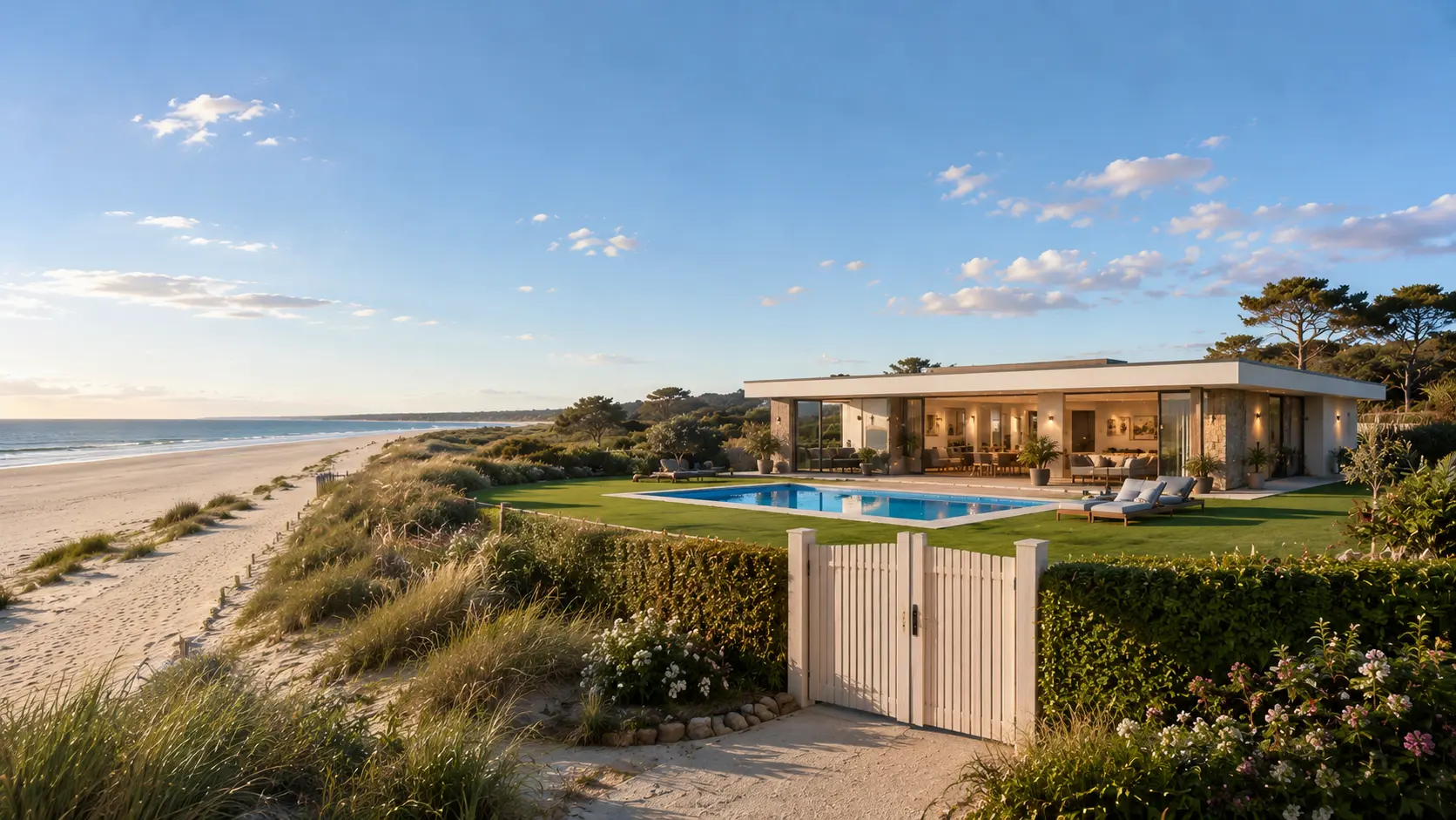 Traumhaus an der Ostsee: moderner Glas-Bungalow mit Pool, perfektem Rasen und weißer Gartenpforte direkt zum Strand