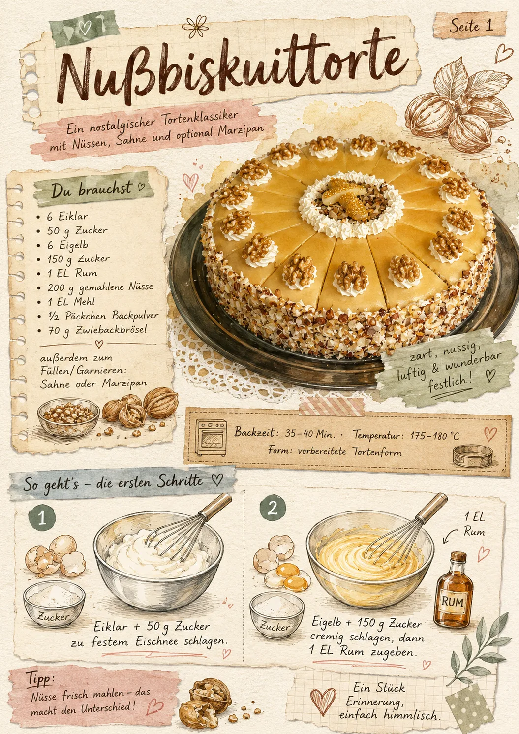 Illustrierte Rezeptseite 1 der Nussbiskuittorte im Aquarell-Stil: Zutatenliste, Backzeit und die ersten beiden Schritte mit Eischnee und cremiger Eigelbmasse.