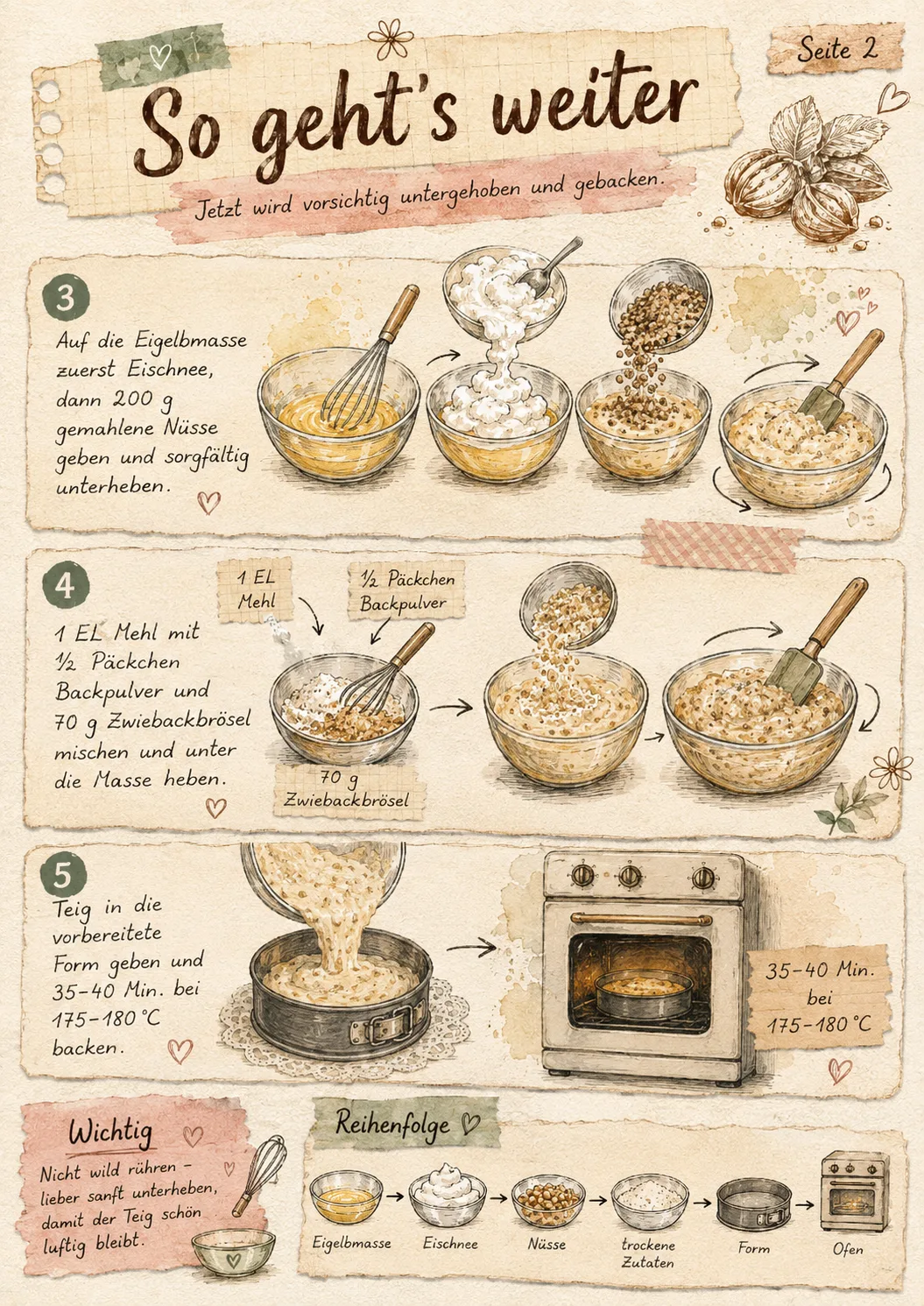 Illustrierte Rezeptseite 2: Eischnee und gemahlene Nüsse werden untergehoben, die trockenen Zutaten gemischt, dann kommt der Teig für 35 bis 40 Minuten in den Ofen.