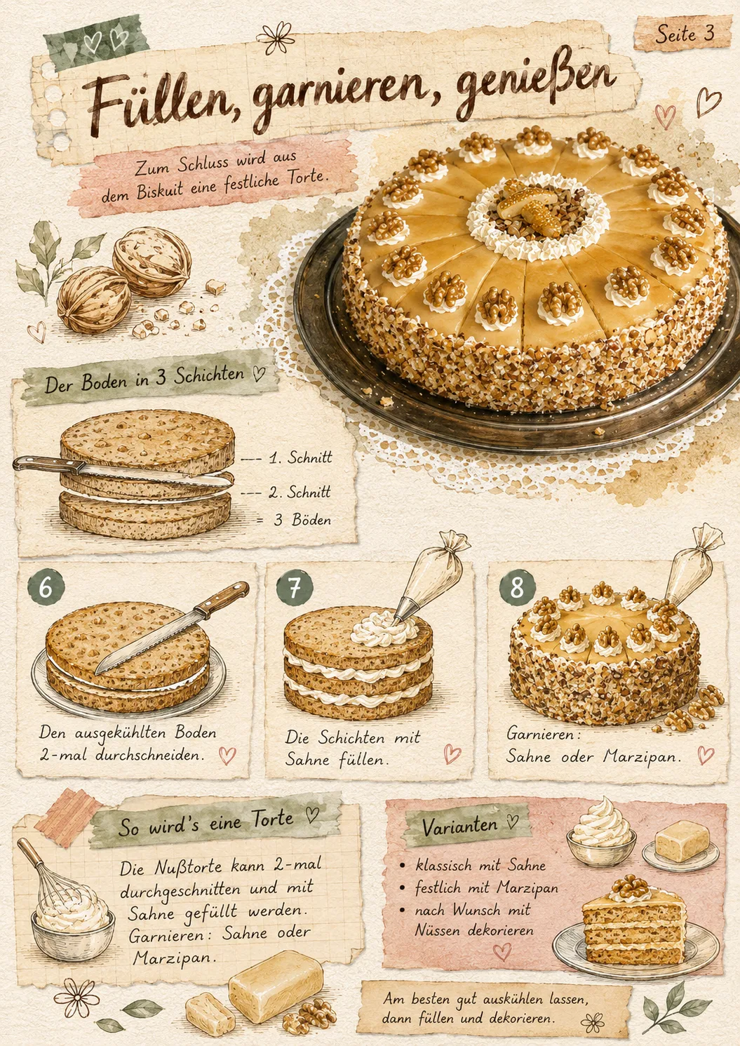 Illustrierte Rezeptseite 3: Der ausgekühlte Boden wird zweimal durchgeschnitten, die Schichten mit Sahne gefüllt und die fertige Torte mit Walnüssen garniert.